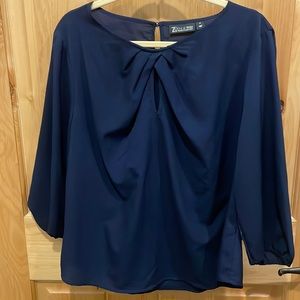 7th Avenue New York & Company navy blue dress blouse 3/4 sleeve, key hole neck